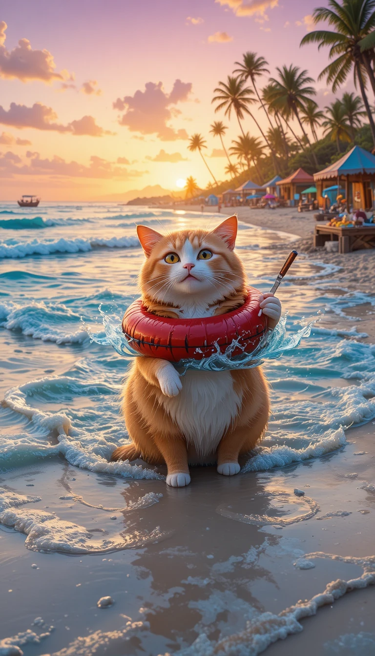 Chubby tabby cat swimming in the sea at sunset