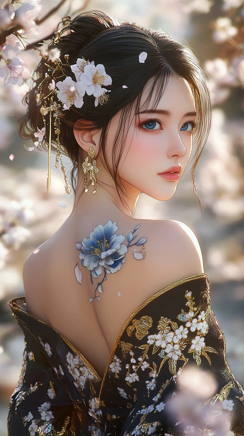 Blue eyed anime woman in black floral dress