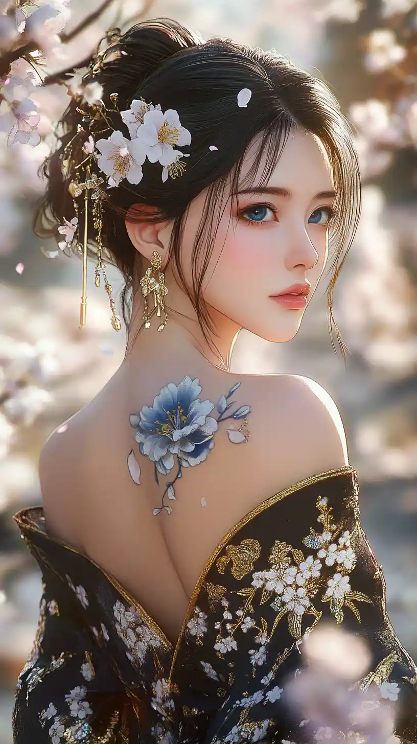 Blue eyed anime woman in black floral dress