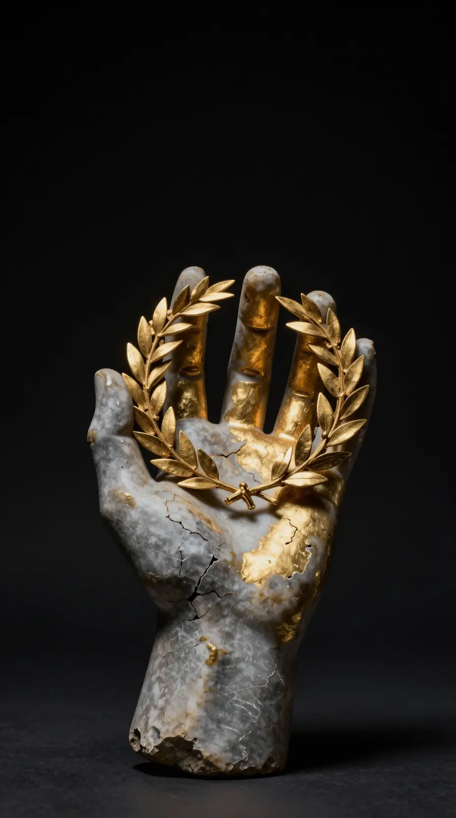 Marble hand sculpture revealing gold core with laurel
