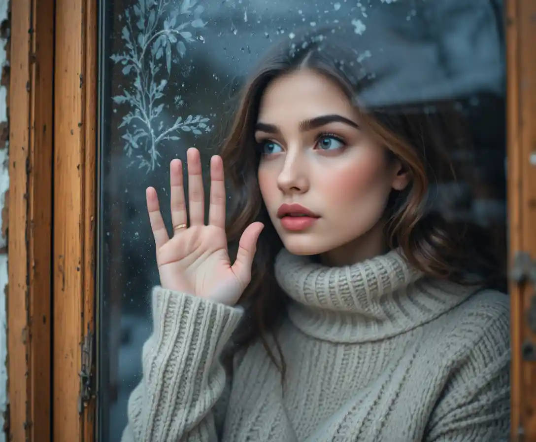 Woman gazing through foggy window with soft raindrop trails