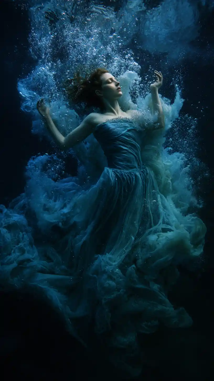 Ethereal woman sinking in moonlit underwater dreamscape