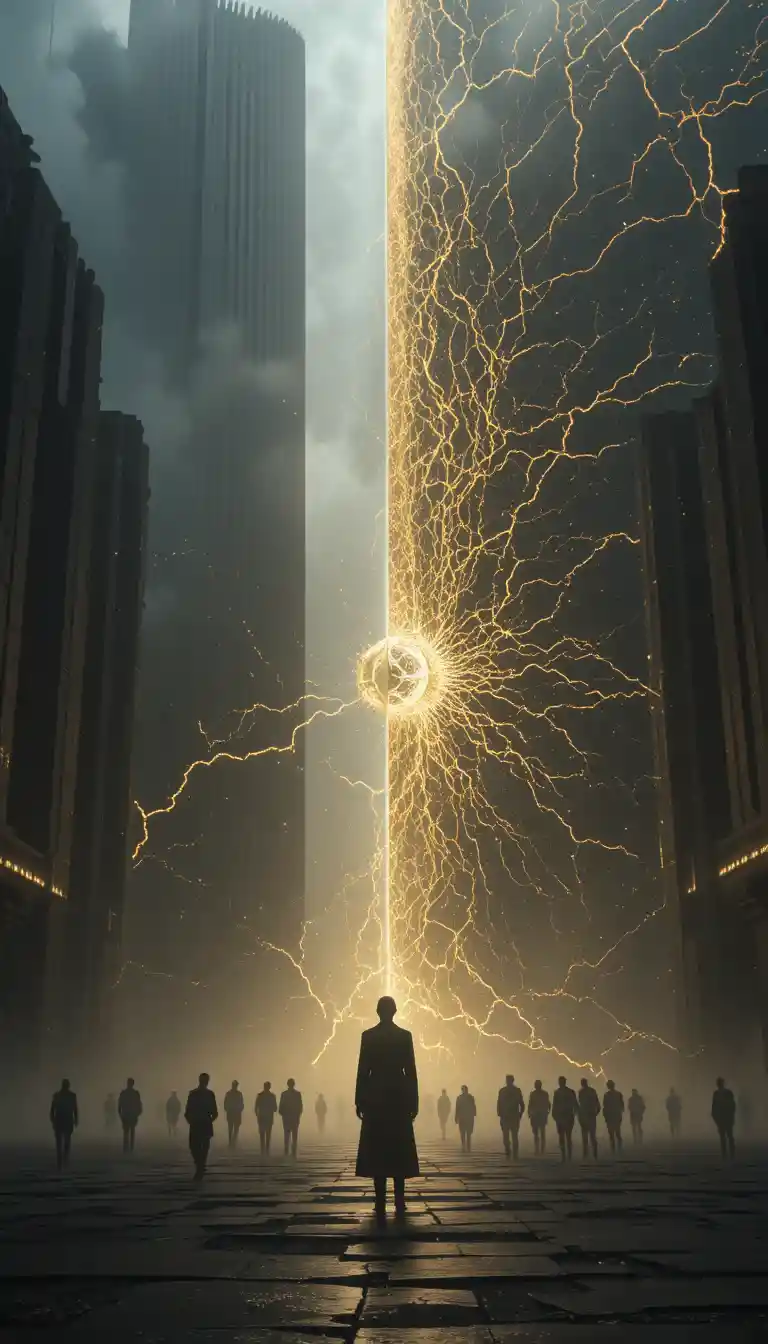 Ethereal silhouette standing between towering brutalist structures