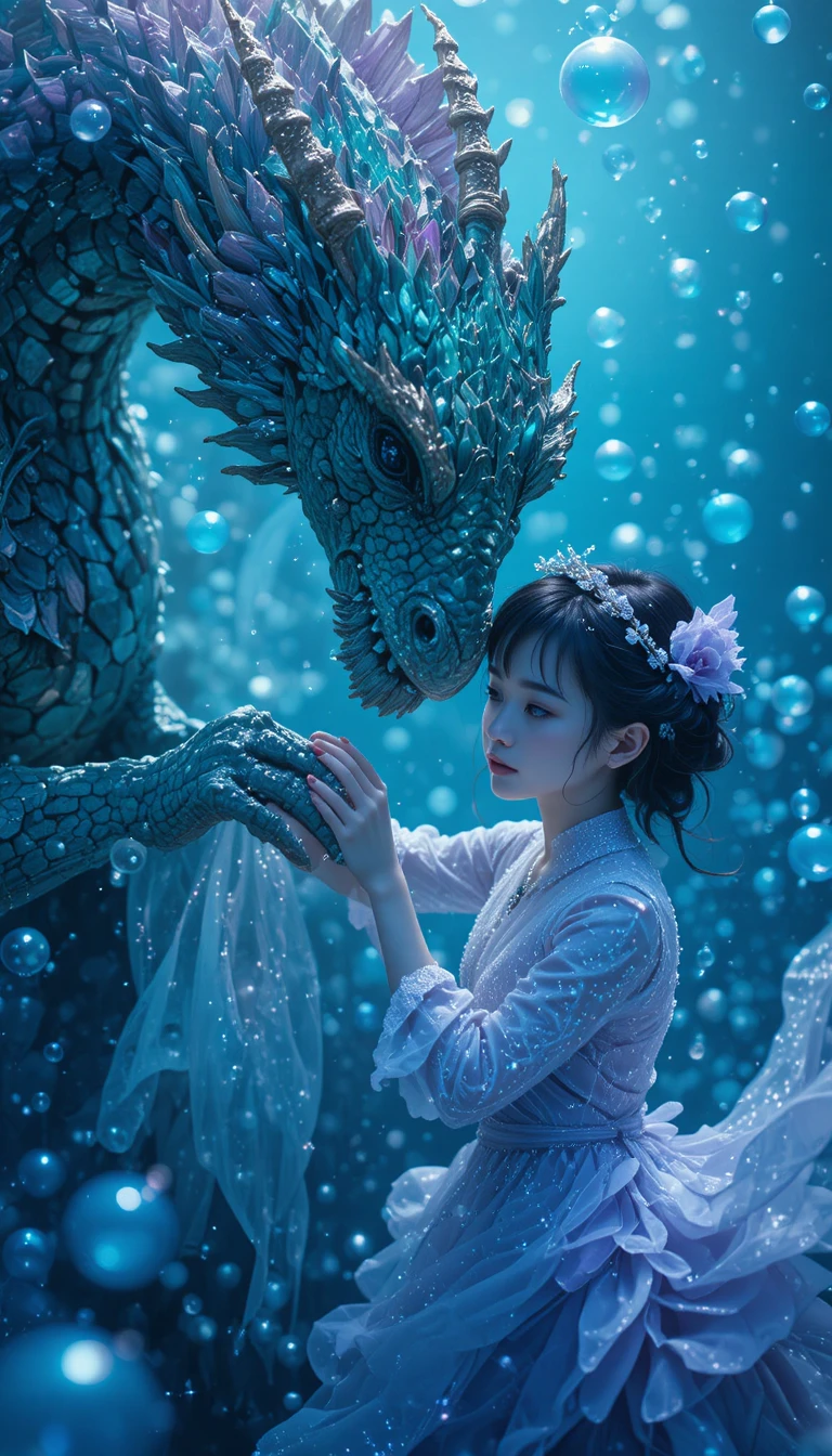 Anime-Drache und Mädchen mit irisierenden Blasen – Unterwasser-Collage