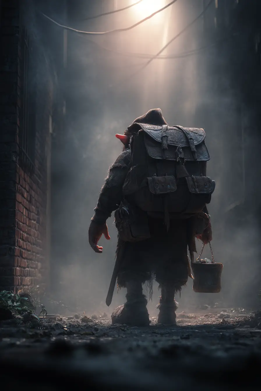 Gnome thief sneaking through a dark foggy alley