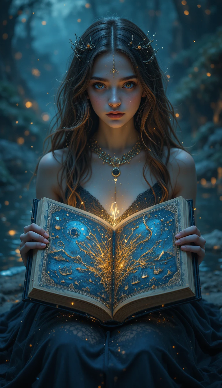 Ethereal girl with floating ancient book by digital lake