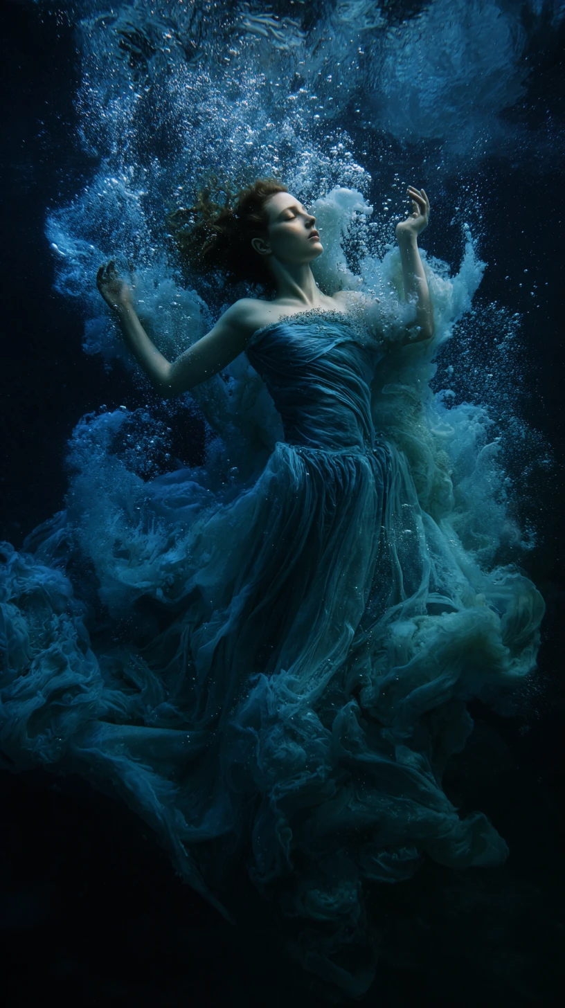 Ethereal woman sinking in moonlit underwater dreamscape