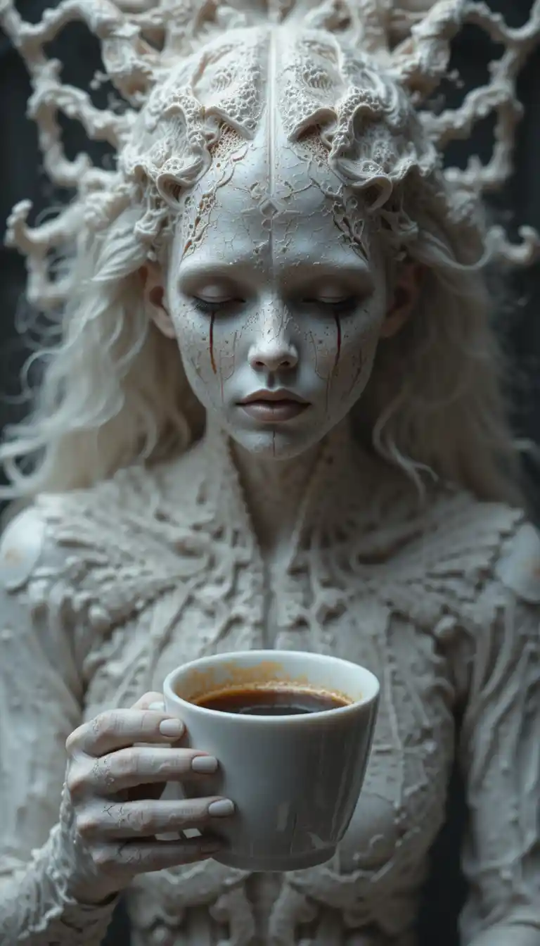 Separación surreal del alma con una taza de café en un espacio abstracto