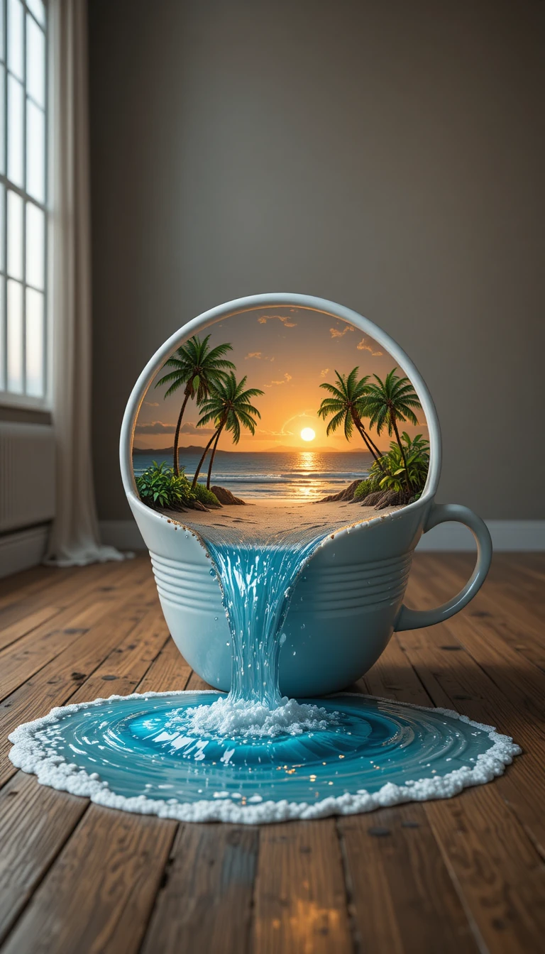 Tasse renversée versant un minuscule paysage de plage au coucher du soleil
