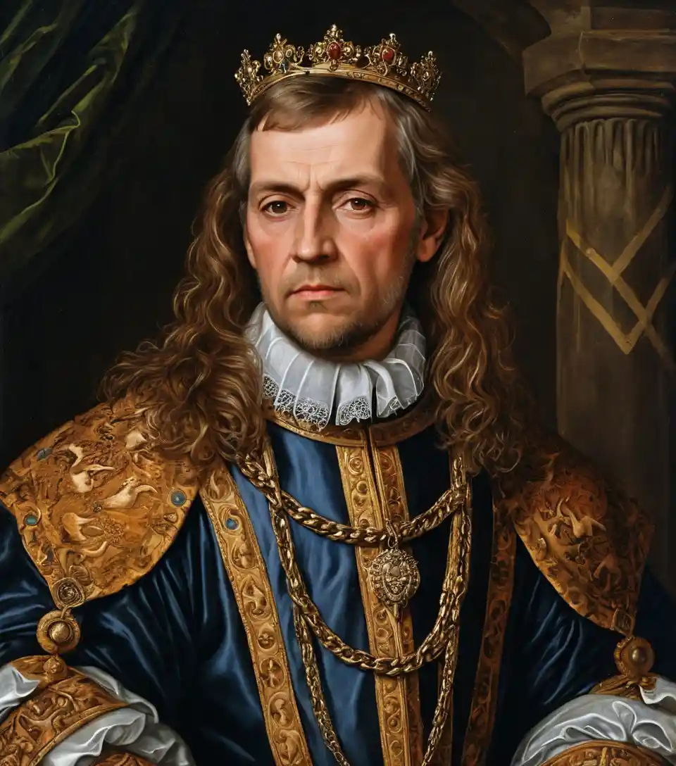 Renaissance portrait of an elderly Scottish king with long hair