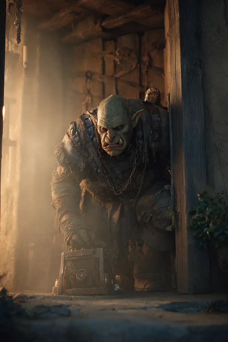 Half orc thief sneaking from an abandoned dusty house