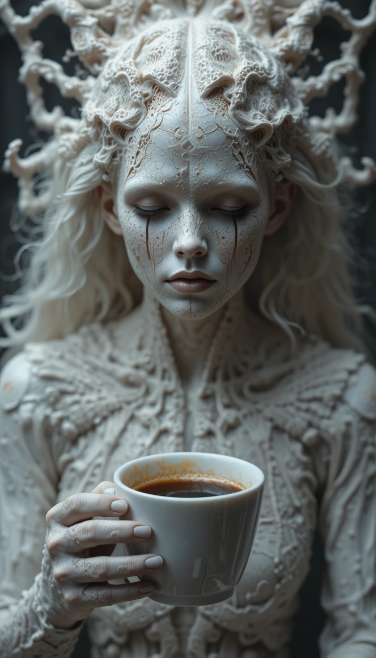 Separación surreal del alma con una taza de café en un espacio abstracto