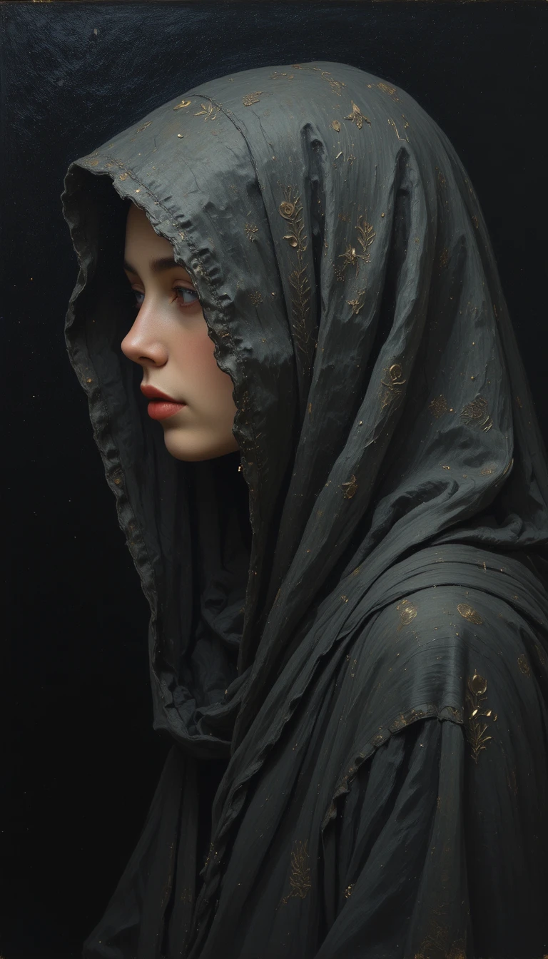 Hooded profile with red lips on a black background