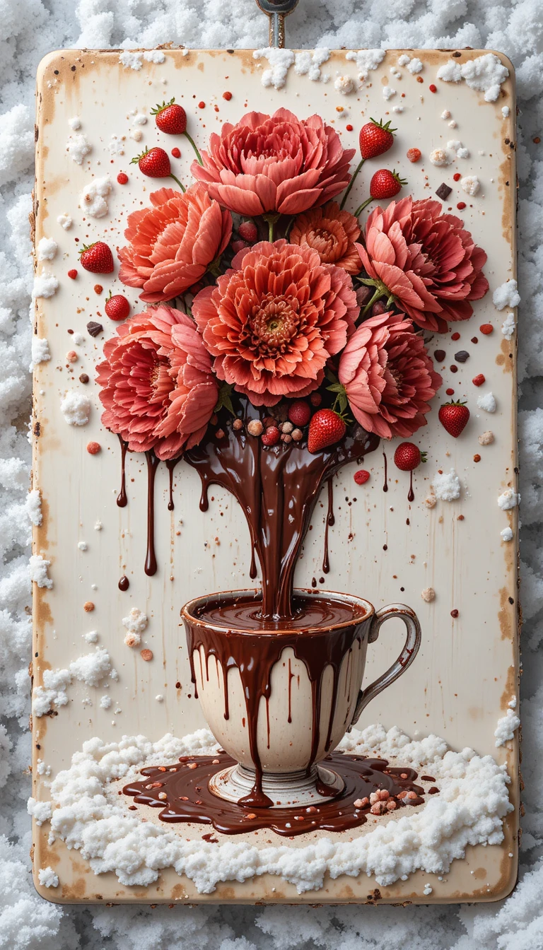 Postre de chocolate brillante con fresas fluyendo – boceto