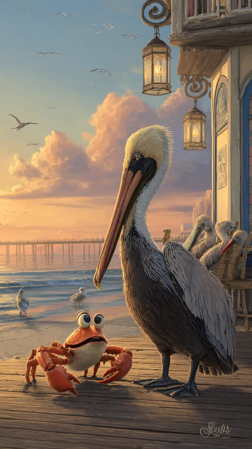 Pelican And Crab Friendship On A Sunny Beach Pier