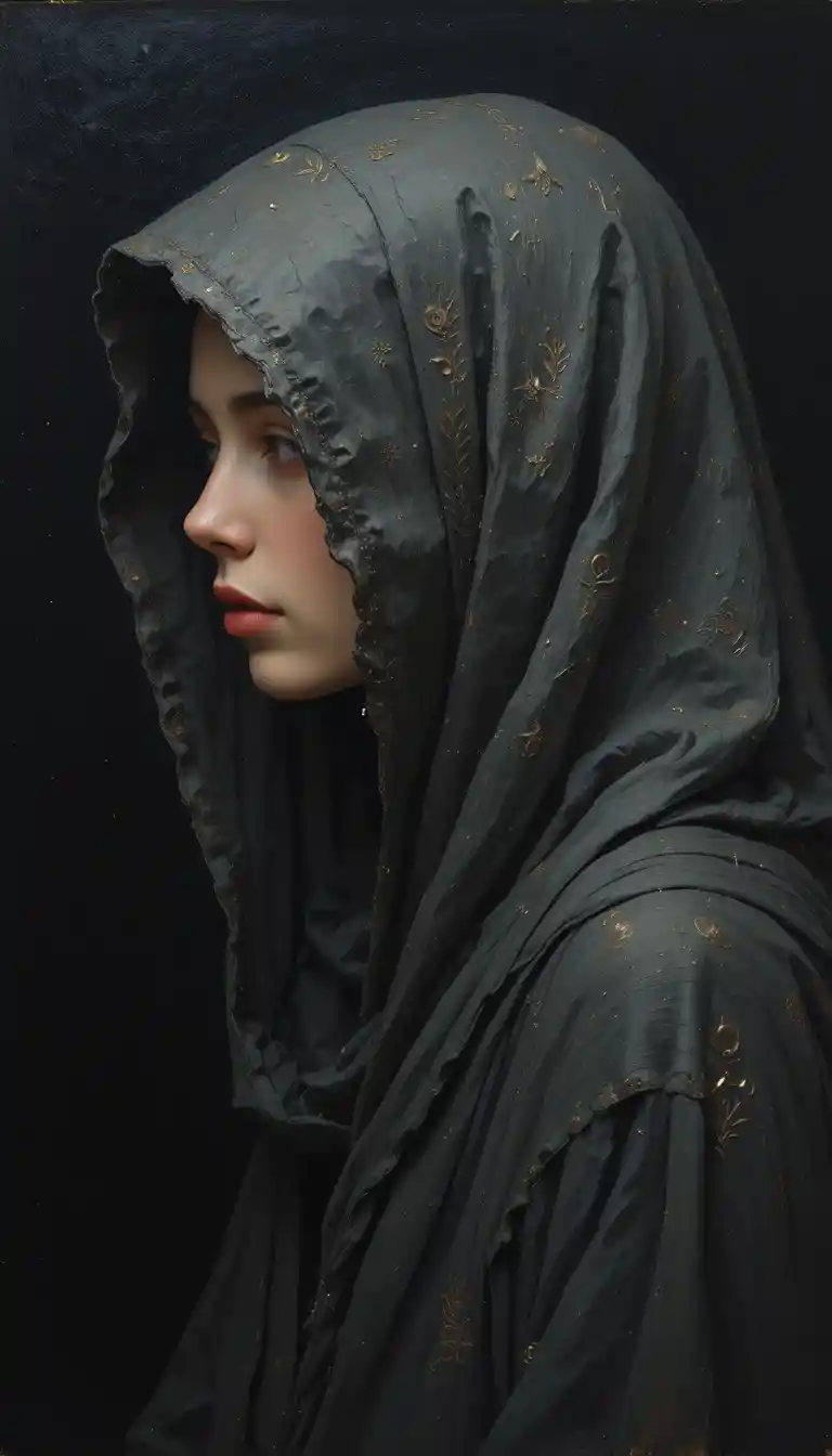 Hooded profile with red lips on a black background