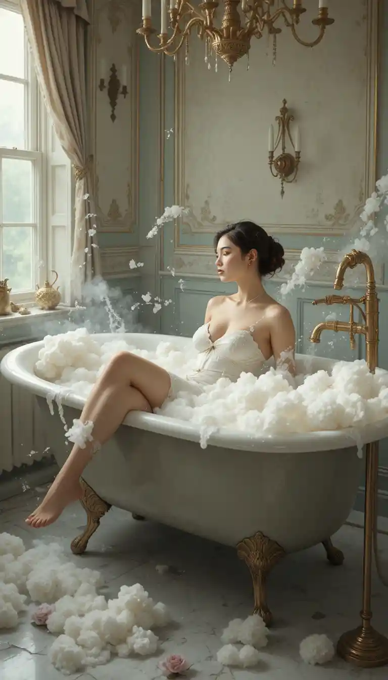 Elegant woman reclining in a vintage bubble bath