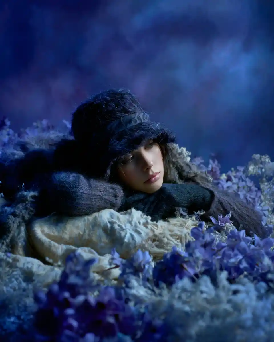 Woman Resting On Blanket In Field Of Frozen Daisies