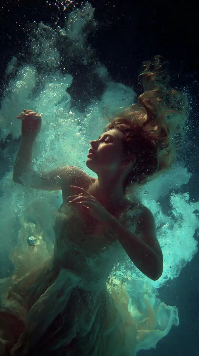 Dreamy woman sinking gracefully beneath moonlit water