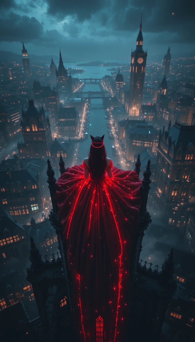 Girl And Black Cat Above Neon Gothic Fantasy City