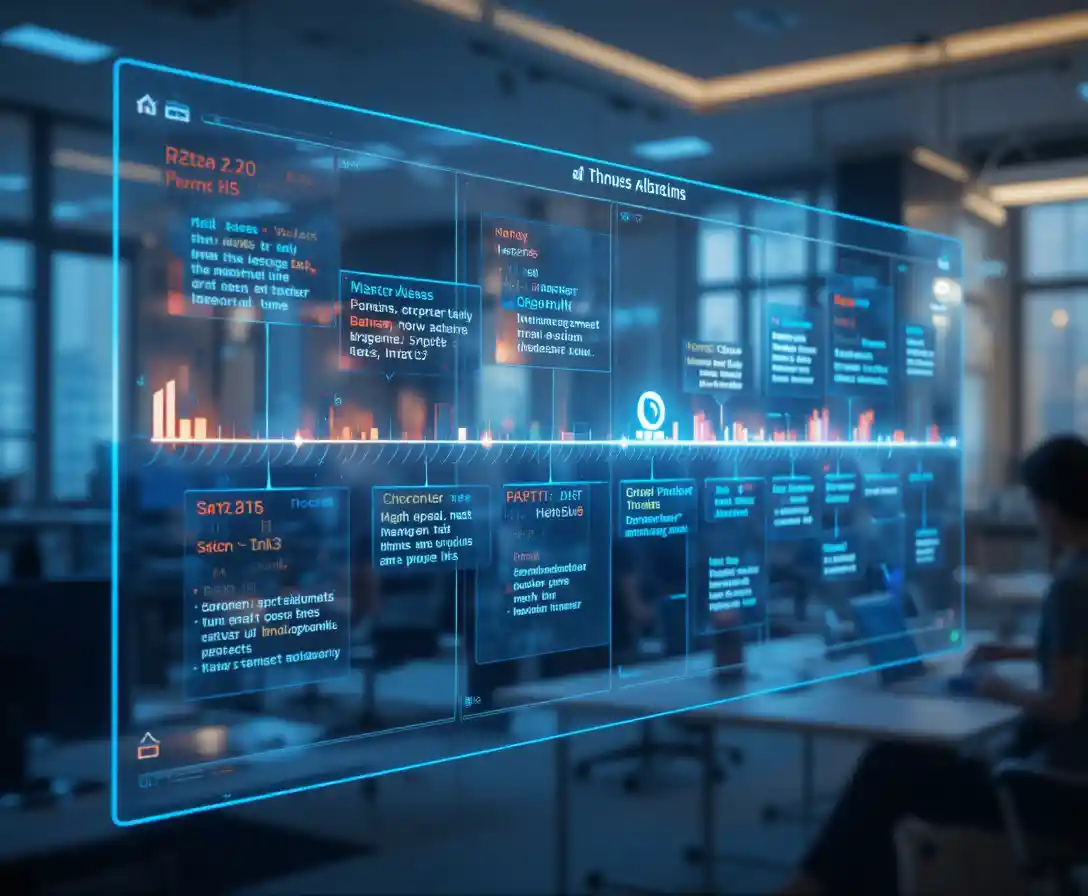 Timeline di progetto olografica futuristica con traguardi luminosi