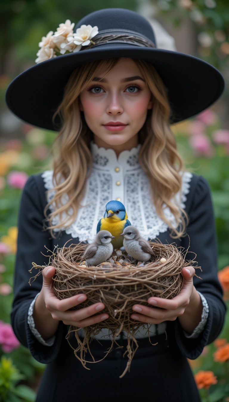 Woman with bird nest hat in a colorful garden