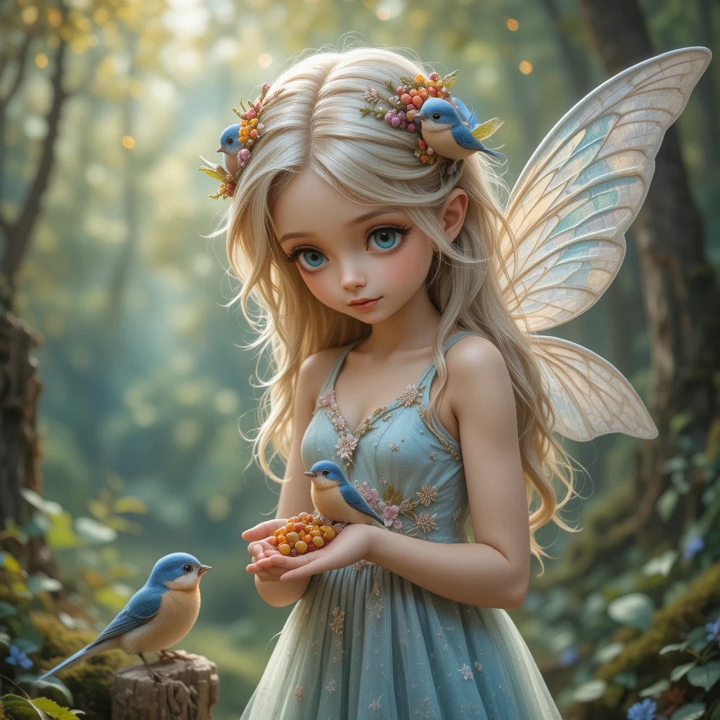 Cute fairy feeding birds in a magical forest glade