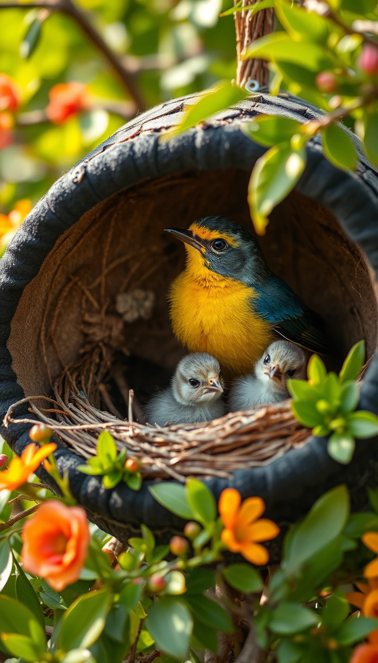 Primer plano de una familia de pájaros anidando en un sombrero negro