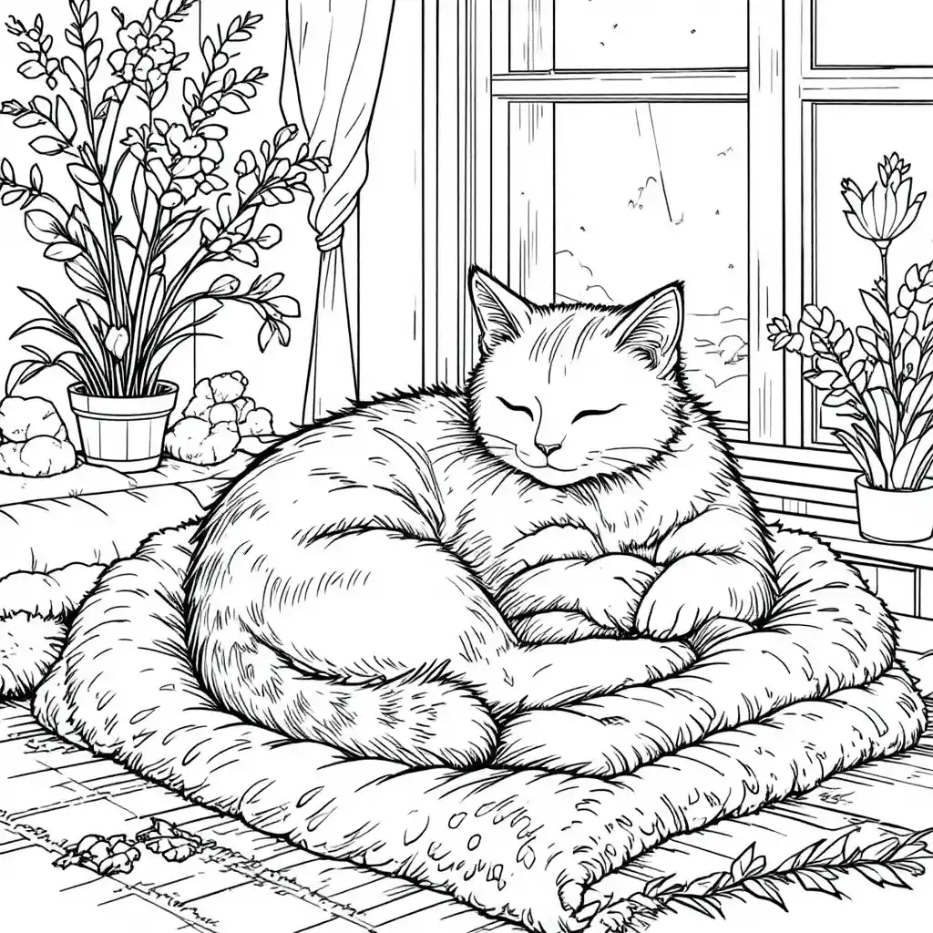 Cozy cat curled on a blanket by a bright window