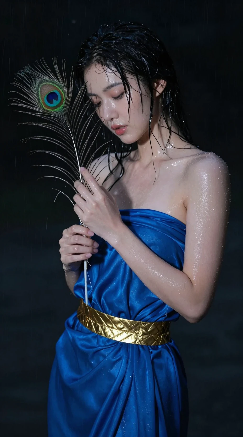 Close up of wet woman in blue silk under night rain