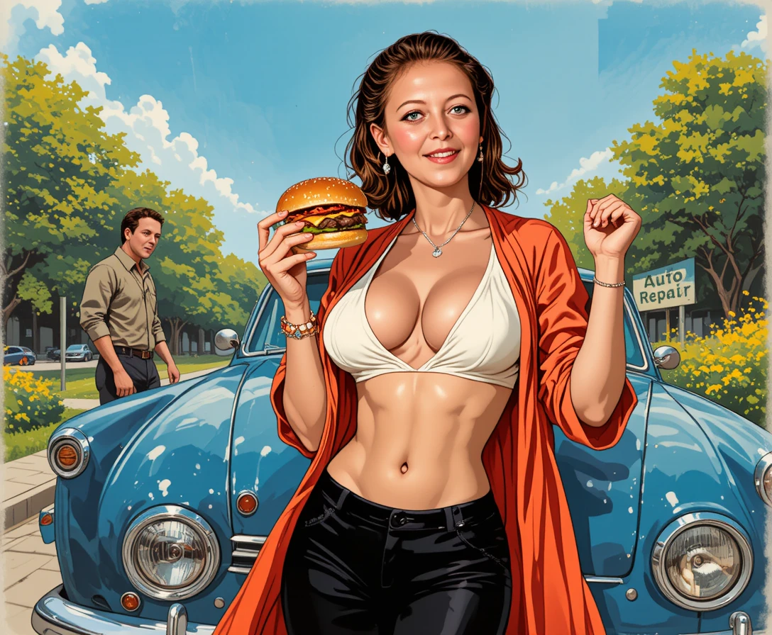 Pin up redhead holding her dress by a blue car