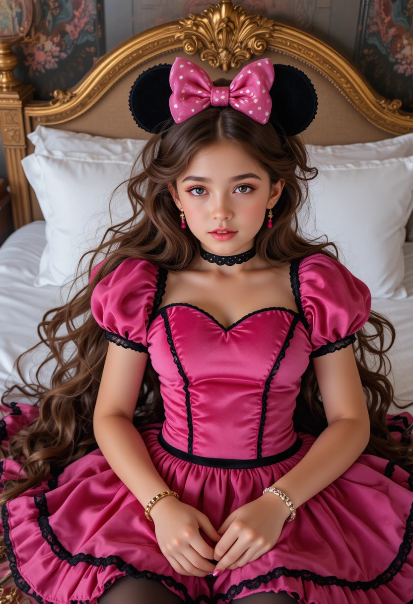 Niño con atuendo inspirado en Minnie sobre cama con dosel de hotel