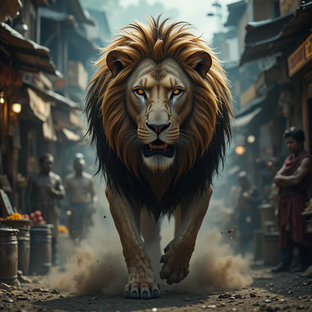 Majestuoso león avanzando por un bullicioso mercado indio