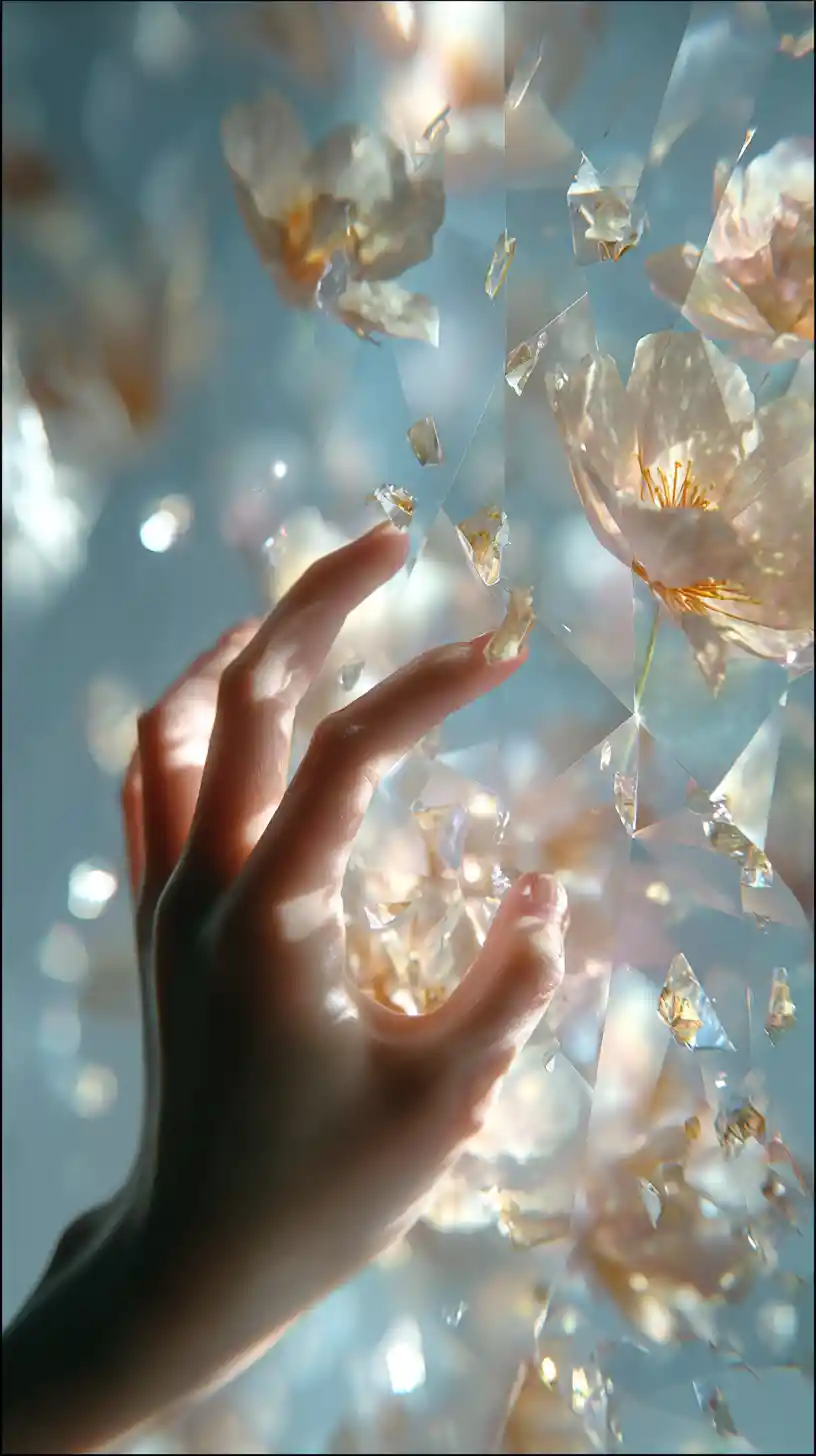 Young person reaching toward floating prismatic fragments