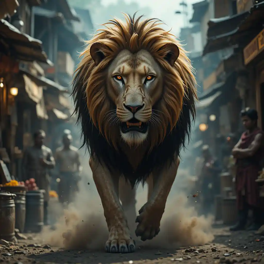Majestic lion striding through a bustling indian market
