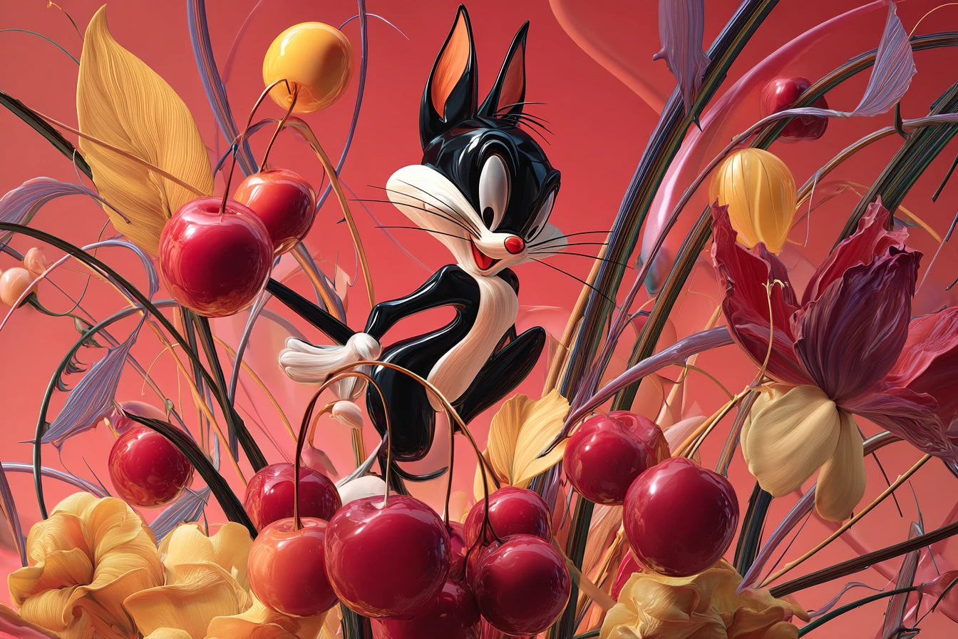 Passionate cartoon cat and bird in swirling floral motion