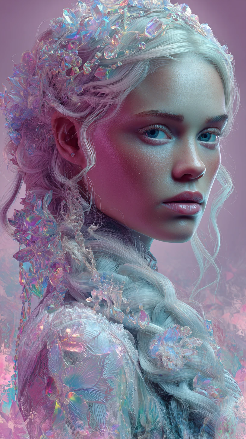 Fantasy portrait of a bashful woman in glowing neon pastels