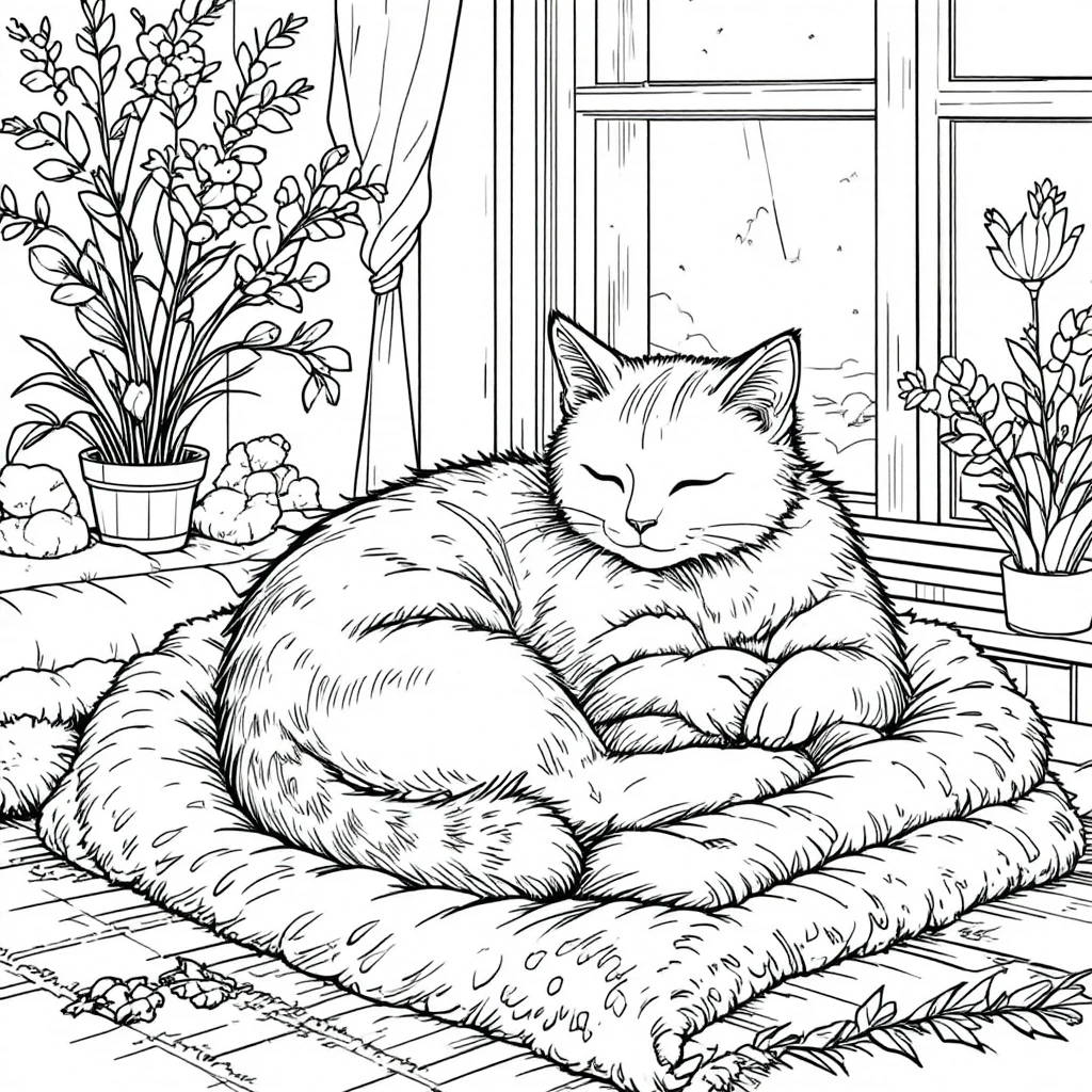 Cozy cat curled on a blanket by a bright window