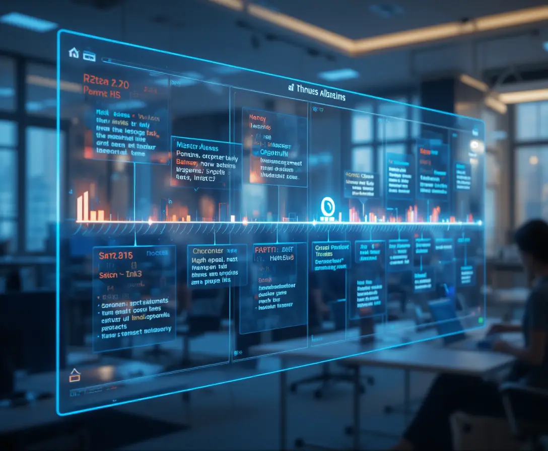 Timeline di progetto olografica futuristica con traguardi luminosi