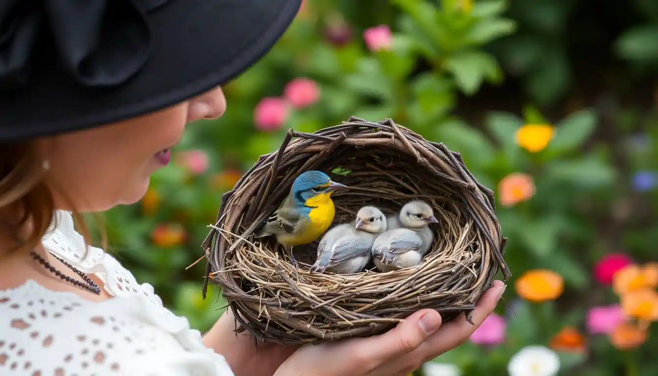 Woman with bird nest hat in a blooming garden