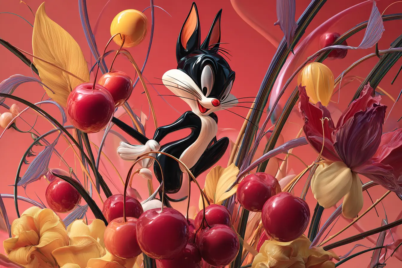 Passionate cartoon cat and bird in swirling floral motion