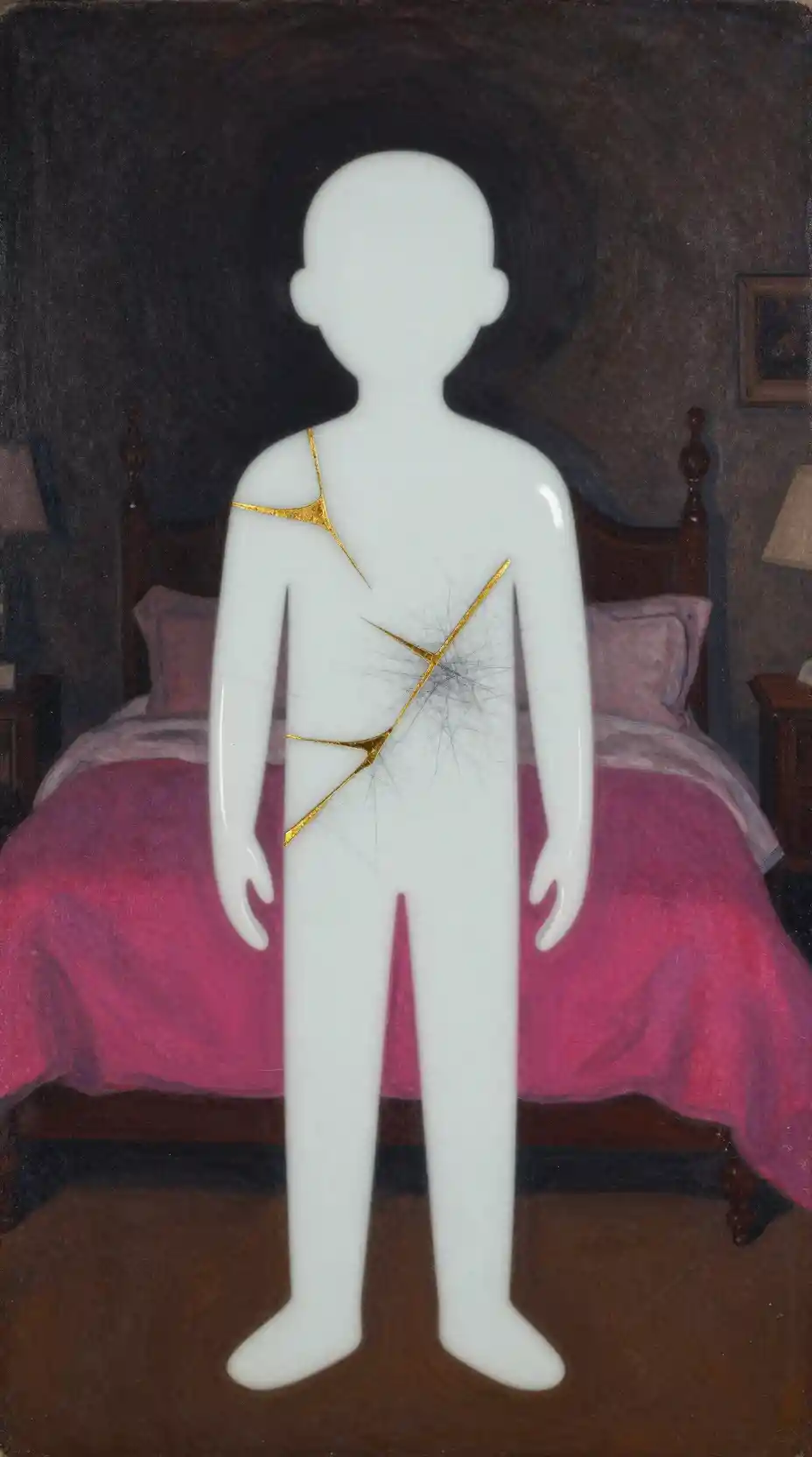 Whimsical figures in front of a layered nocturnal collage