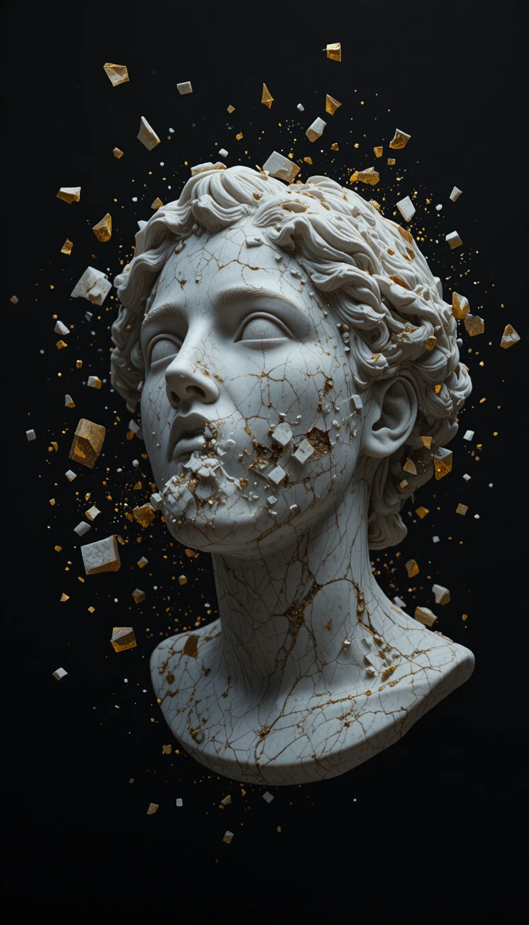 Floating marble statue head with orbiting golden fragments