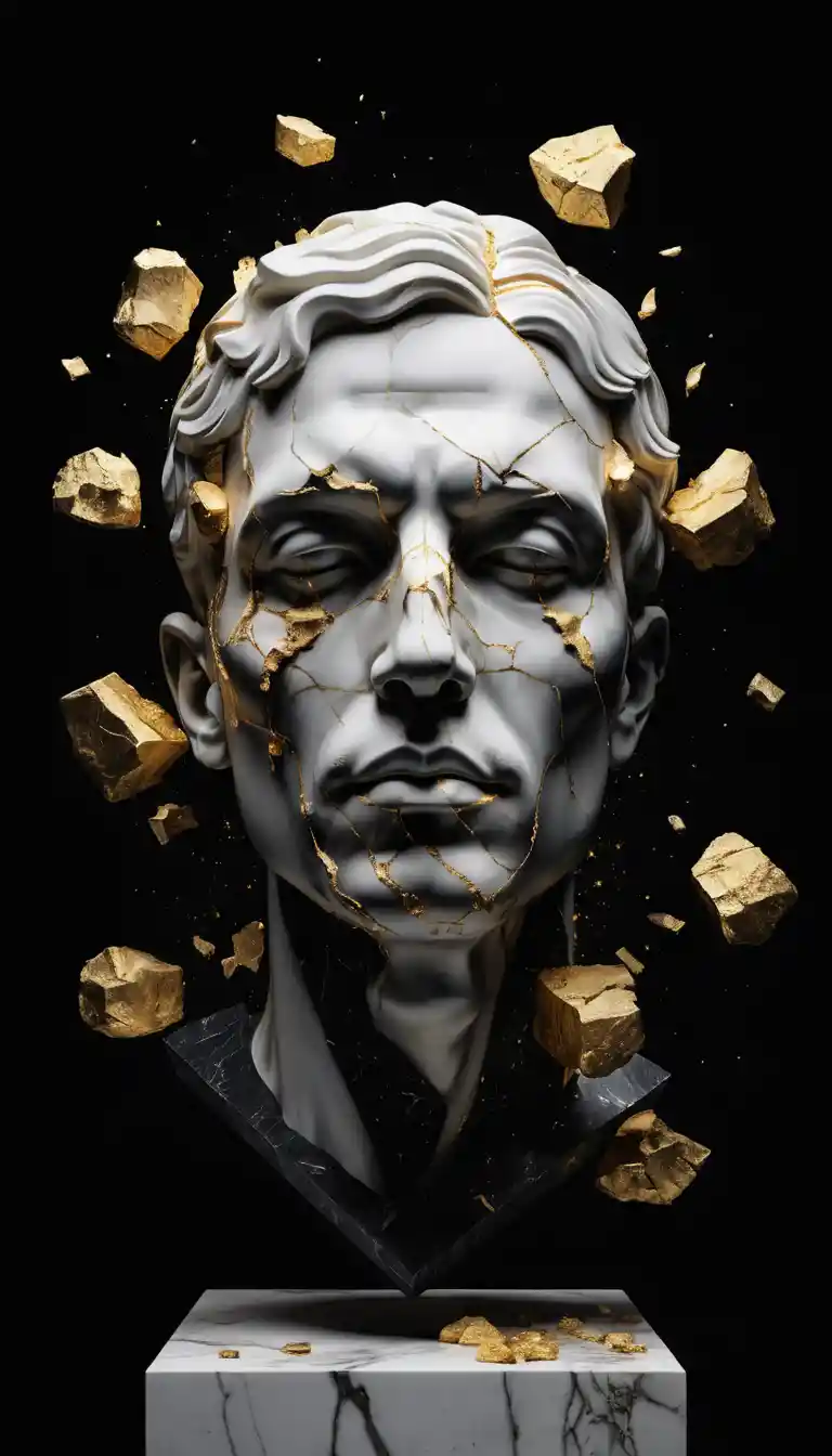 Floating broken marble statue head with golden fragments