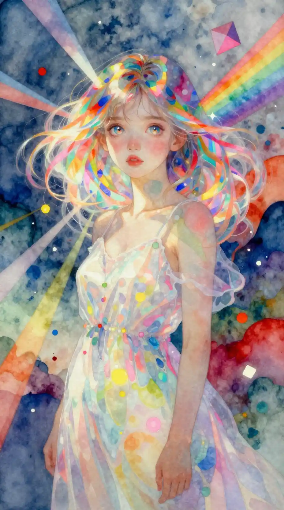 Surreal watercolor portrait of a prismatic haired girl