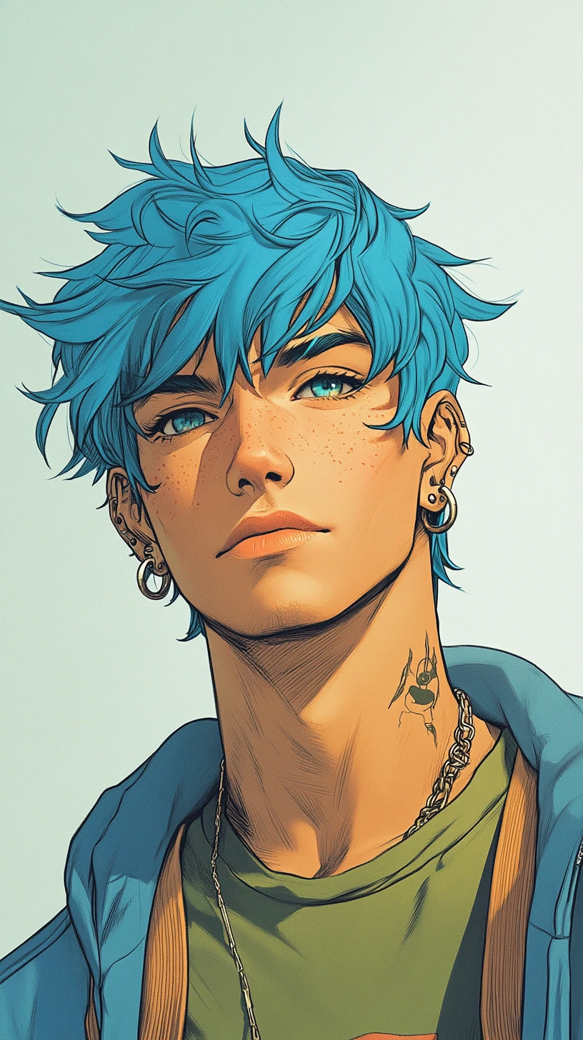 Homem de anime de cabelo azul em pose confiante