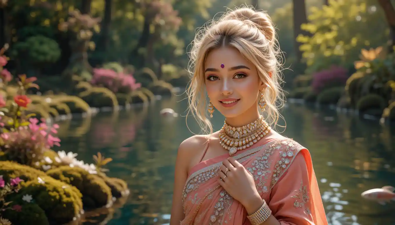 Blonde woman in jeweled saree by a sunlit forest lake
