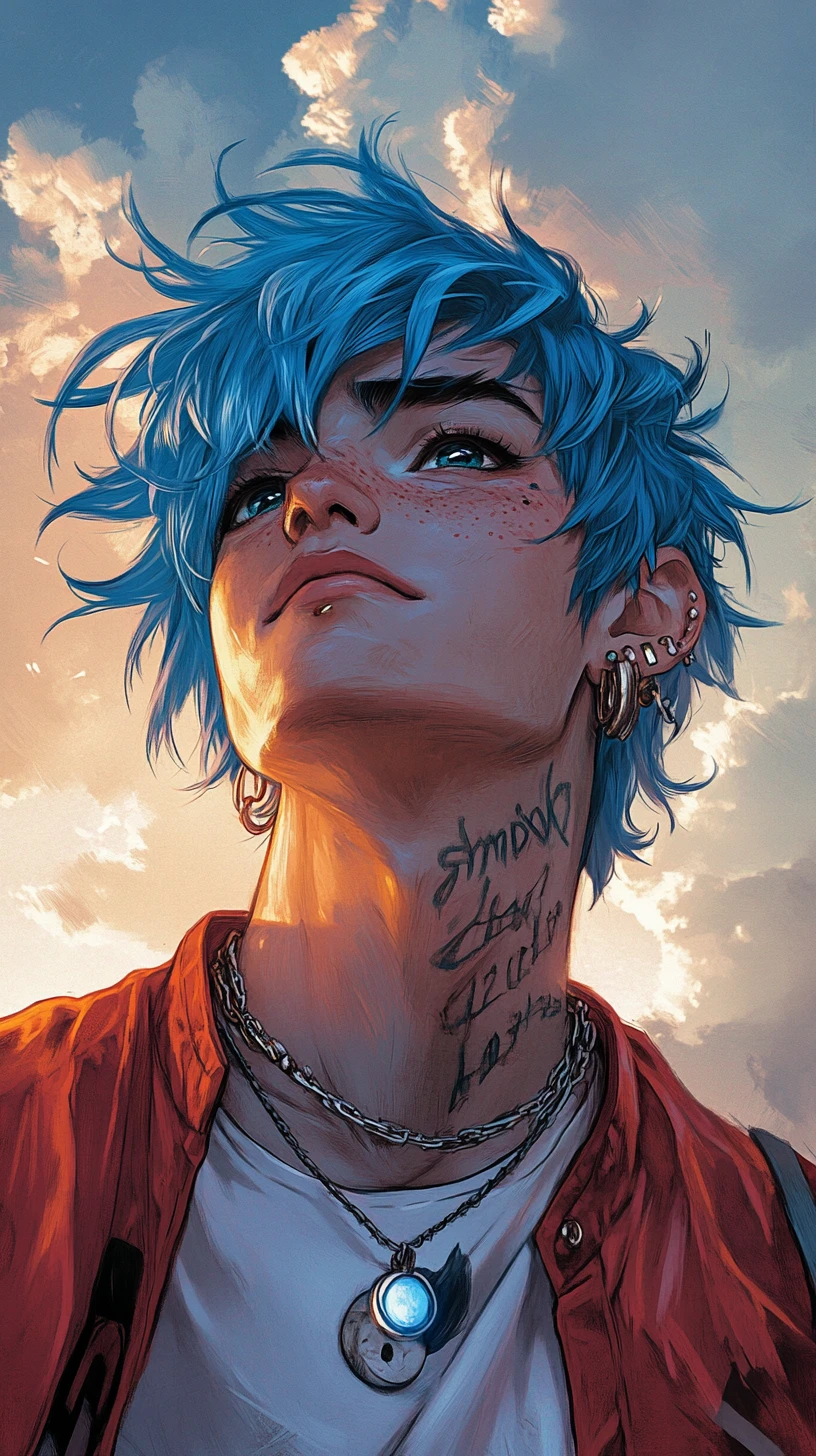 Giovane uomo sicuro di sé con capelli blu e piercing audaci