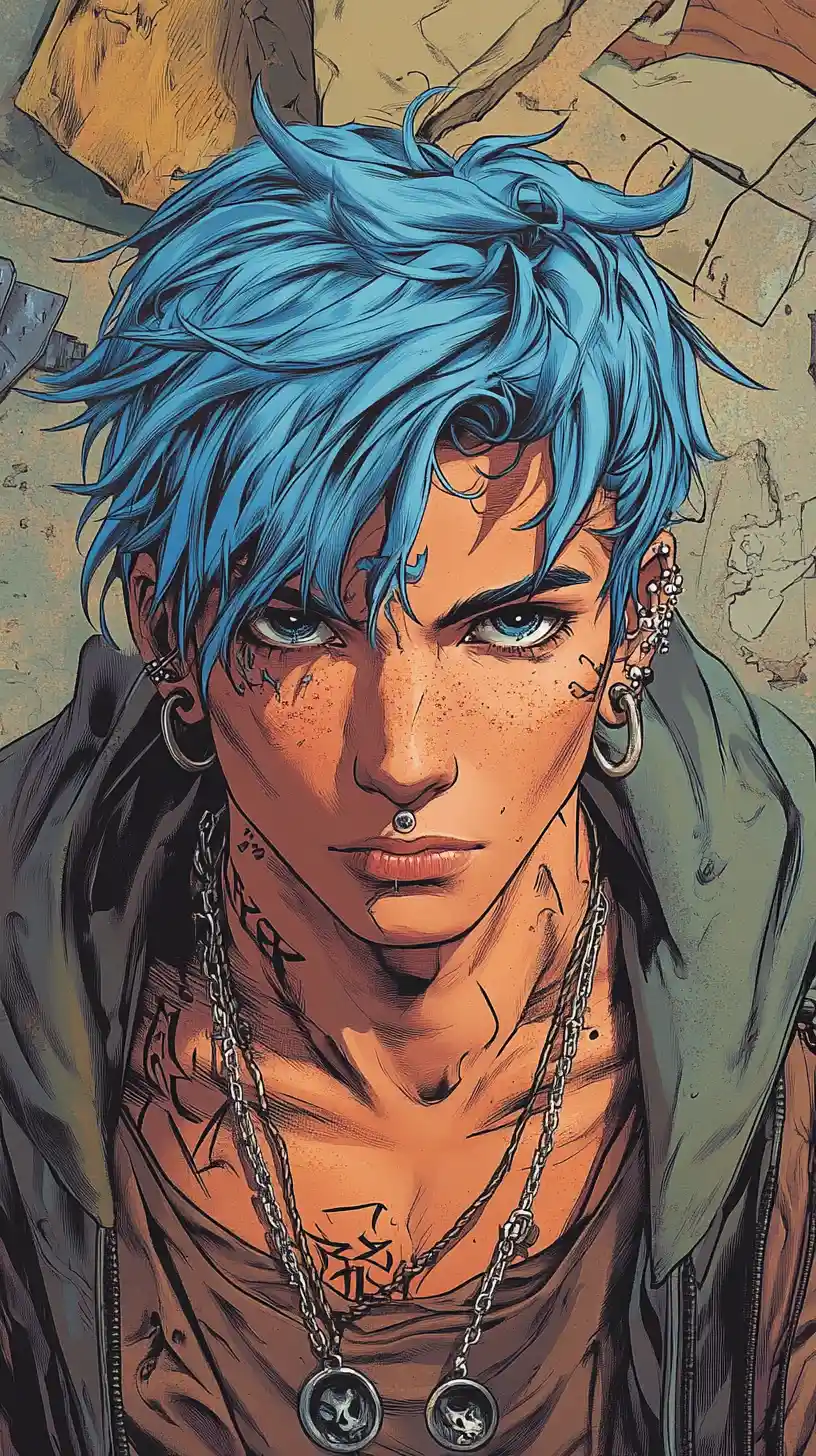 Giovane uomo dai capelli blu, sicuro di sé, con piercing audaci