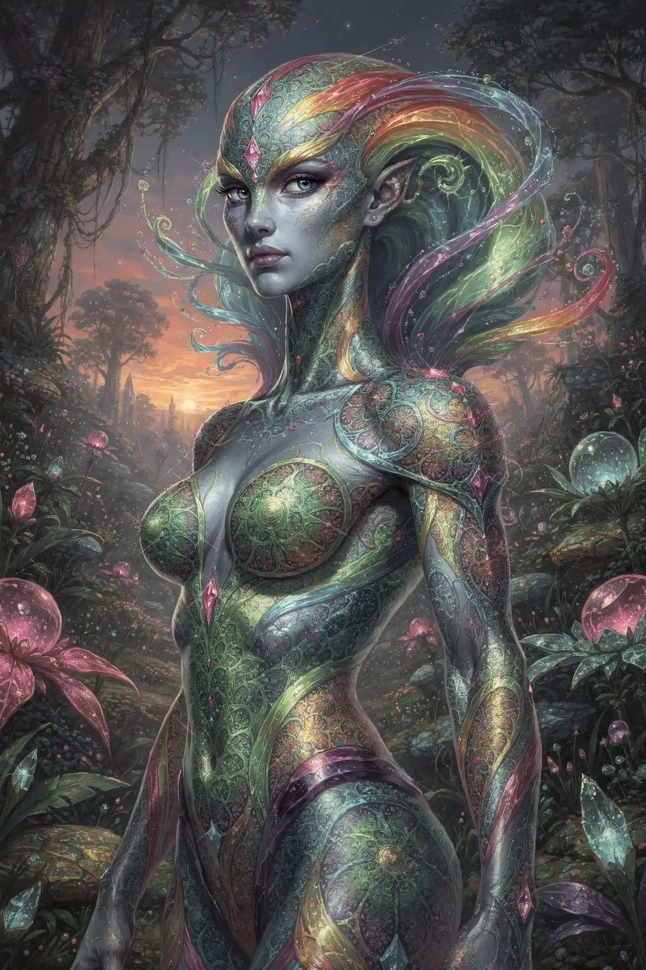 Iridescent alien portrait in a glowing jungle twilight